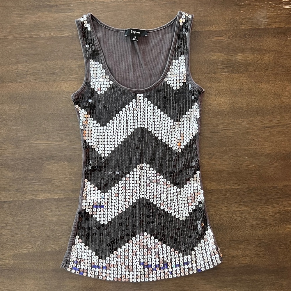 Express Black and Silver Chevron Sequin Tank Top size Small